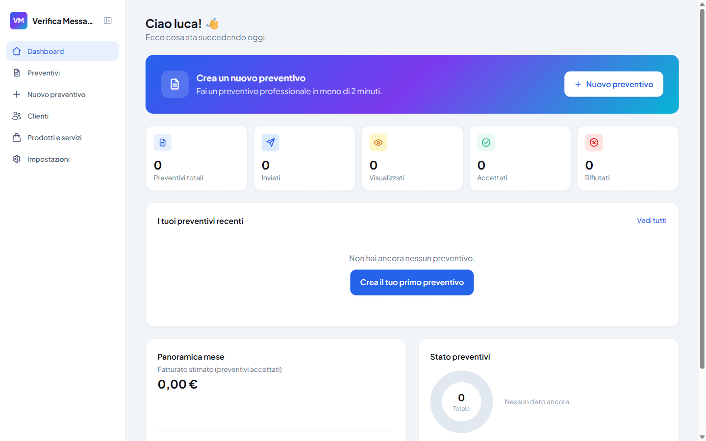 Dashboard di QUOTEXA con i preventivi, i clienti e le statistiche